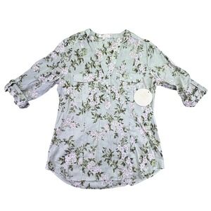 Eden & Olivia Shirt Women's Large Green Floral Print Linen Blend Tunic Top